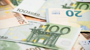 Euros bills of different values. Euro bill of one hundred