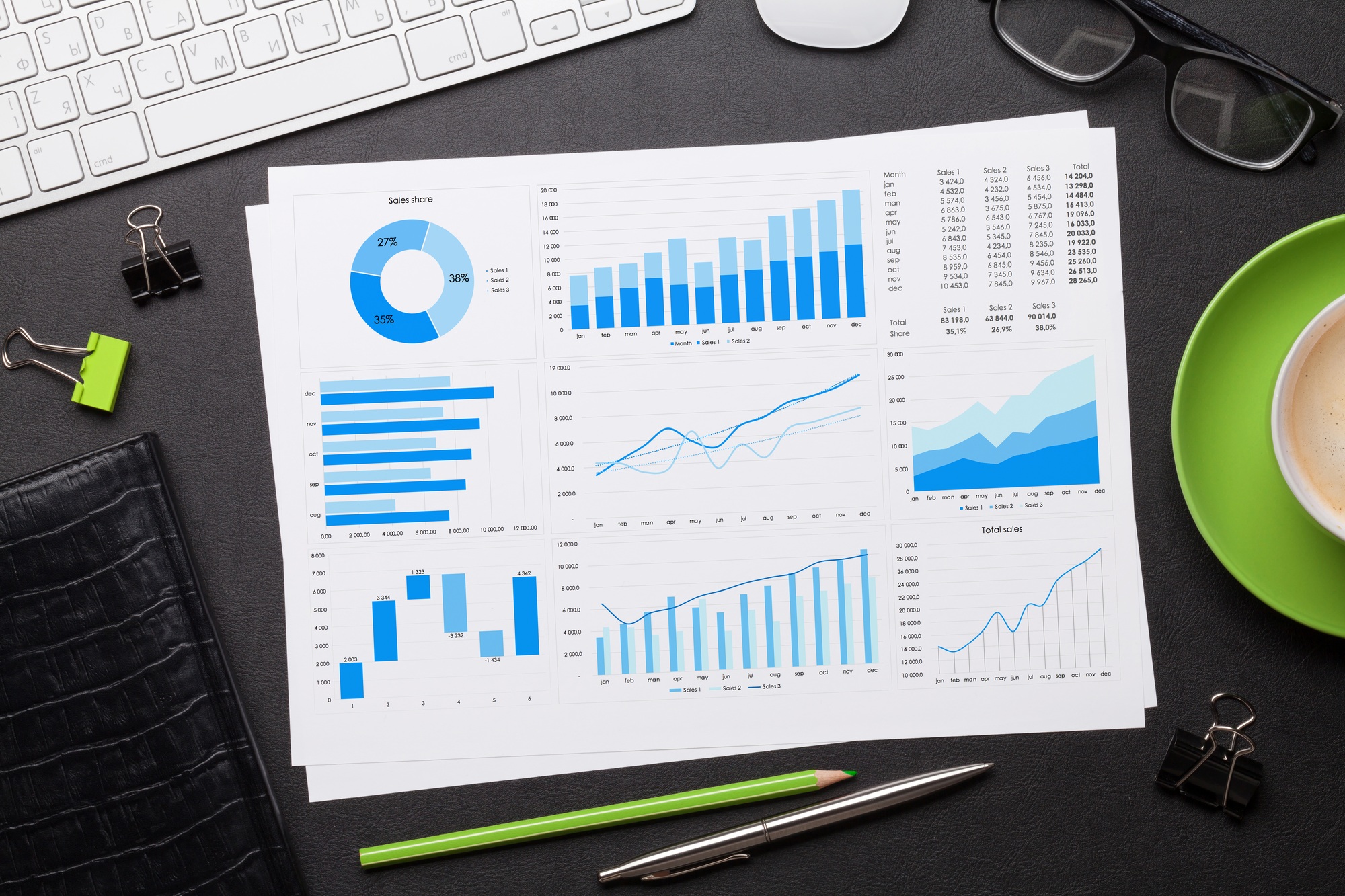 Office workplace table with reports